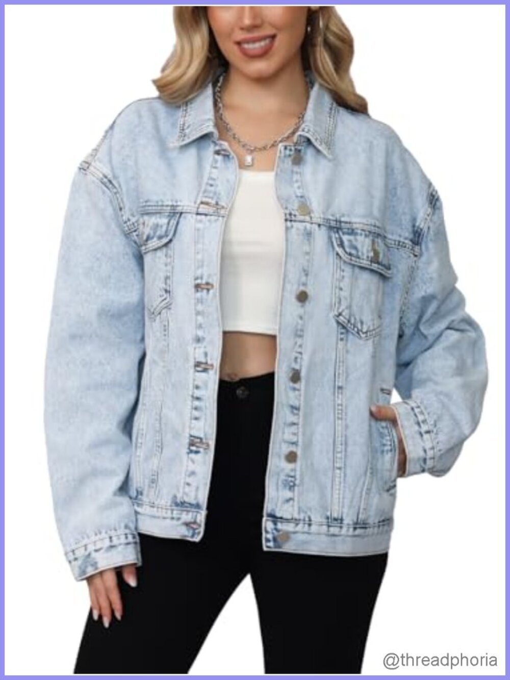 Relaxed Fit Denim Jacket Drop Shoulder Button Front Jean Coat